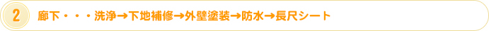 廊下・・・洗浄→下地補修→外壁塗装→防水→長尺シート