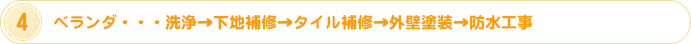 ベランダ・・・洗浄→下地補修→タイル補修→外壁塗装→防水工事