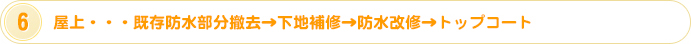 屋上・・・既存防水部分撤去→下地補修→防水改修→トップコート
